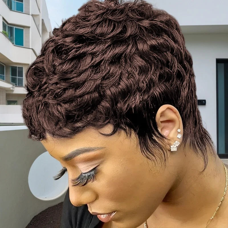 pixie cut 99j brown color 4inch150% density machine made short straight layered human hair wigs for women daily use remy wig