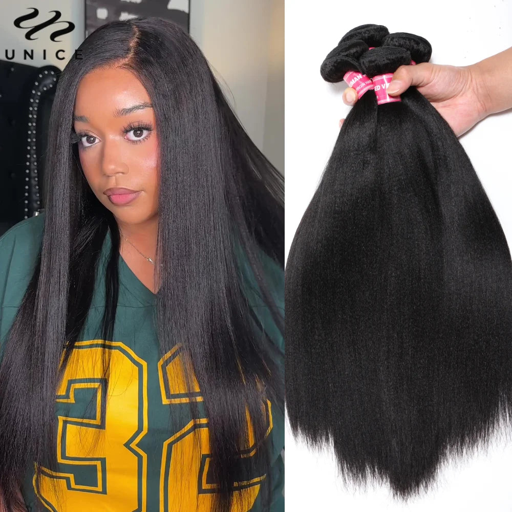 UNice Hair Yaki Straight Human Hair Bundles 100g Per Bundle 100% Human Hair Sew In Weaves 8-26 Inch Natutral Color 1/3/4 Bundles