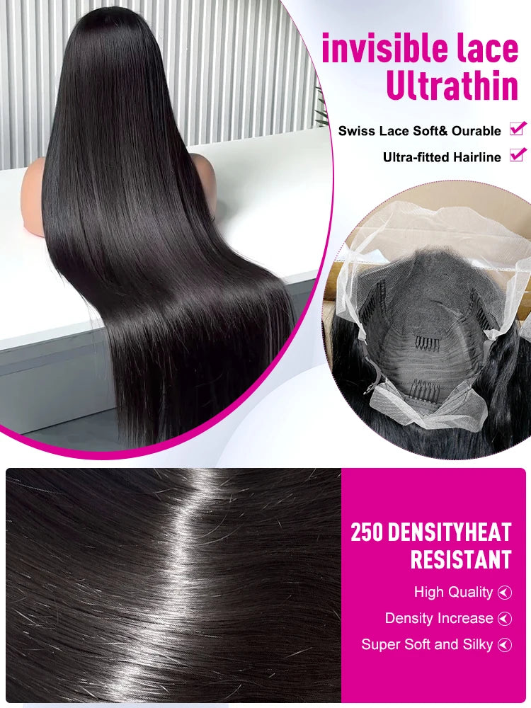 250Density 30 40 Inch HD Transparent Wigs 13x6 Bone Straight Lace Front Human Hair Wigs 13x4 Brazilian Pre Plucked Wig For Women