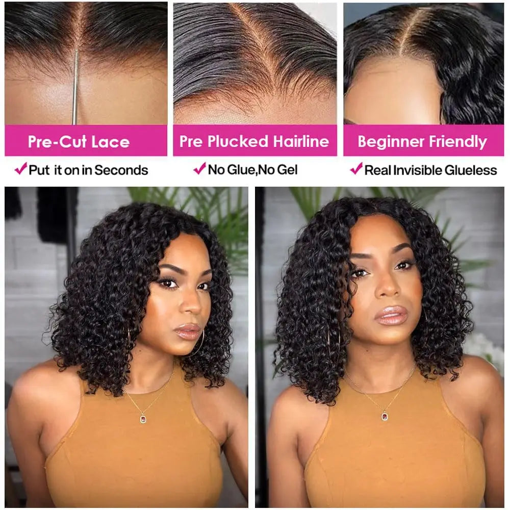 200% Density Curly Short Bob Wig Deep Wave Human Hair Bob Wigs 13x4 Lace Frontal  4x4 Lace Closure Wig Deep Curly Short Bob Wigs