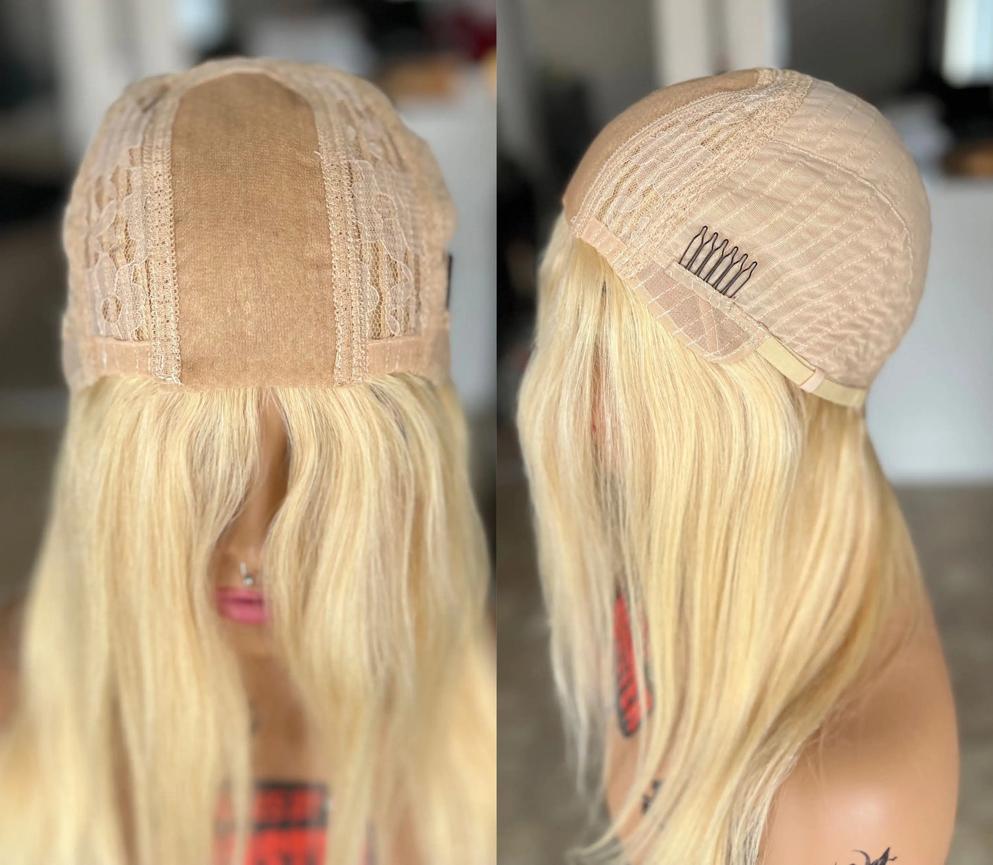 613 Light Blonde Wig with Bangs 100% Indian Virgin Remy Human Hair Lace Bangs Wig 14" 180 Density Ready to Wear Glueless Wig
