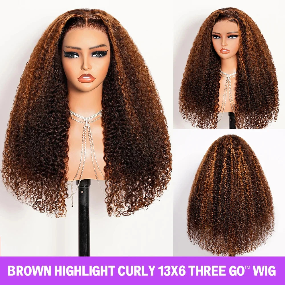 250% Put On Go Dark Brown Highlight Glueless Wigs 13x6 HD Lace Front Wigs Wear And Go Deep Curly Human Hair Wigs 13x6x1 T Part