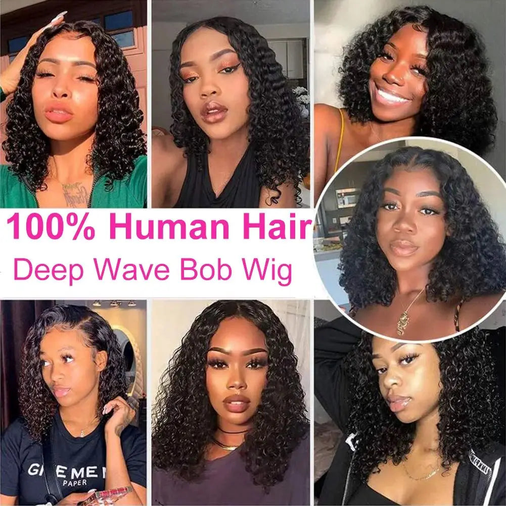 200% Density Curly Short Bob Wig Deep Wave Human Hair Bob Wigs 13x4 Lace Frontal  4x4 Lace Closure Wig Deep Curly Short Bob Wigs