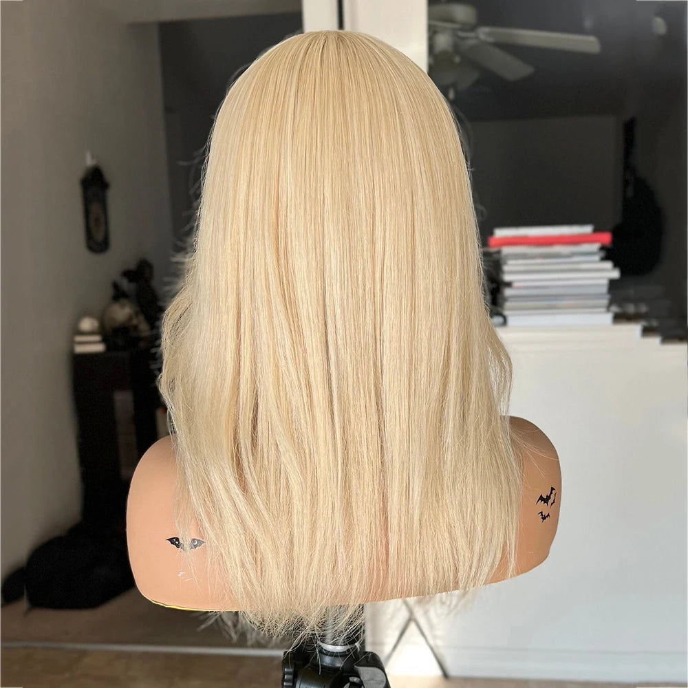 613 Light Blonde Wig with Bangs 100% Indian Virgin Remy Human Hair Lace Bangs Wig 14" 180 Density Ready to Wear Glueless Wig