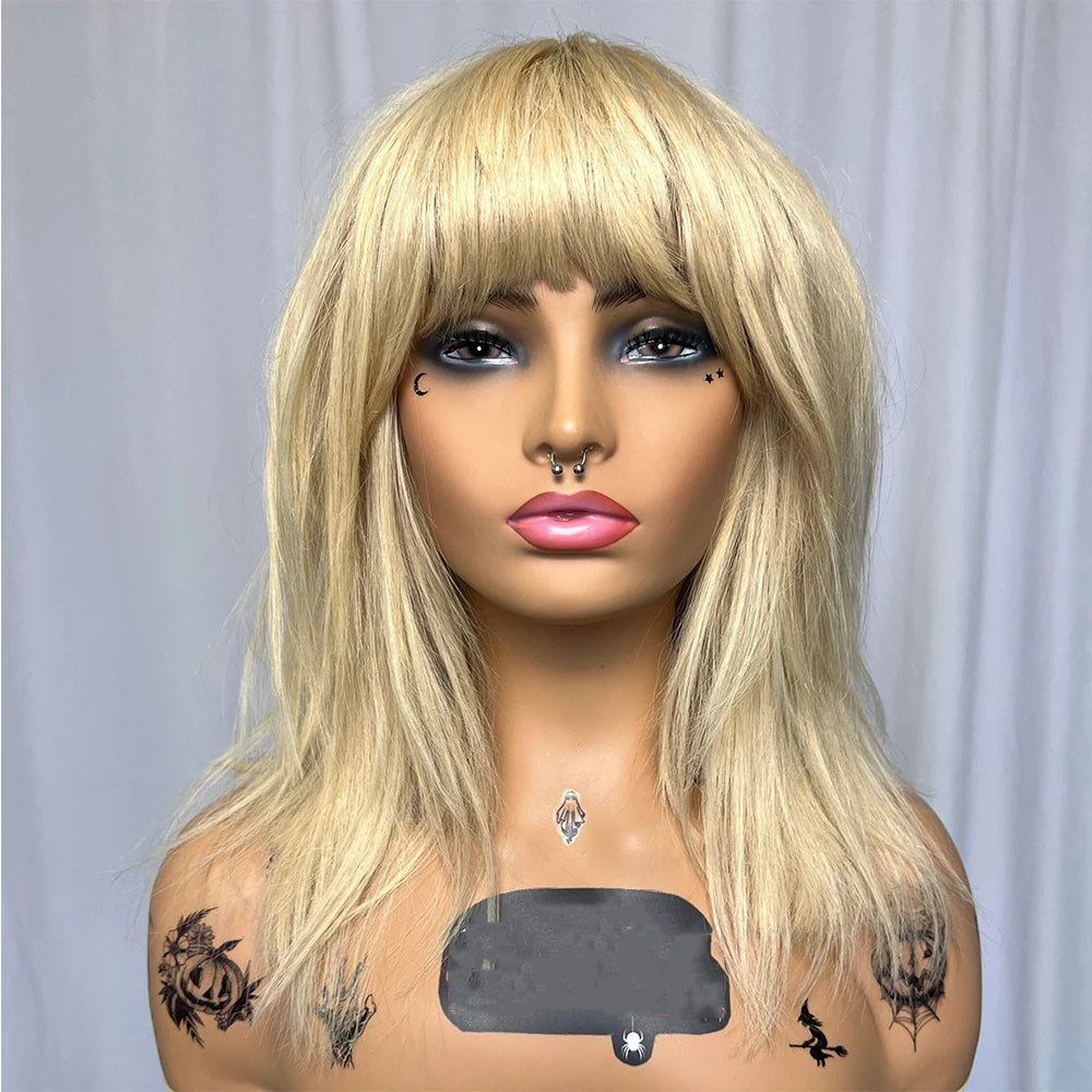 613 Light Blonde Wig with Bangs 100% Indian Virgin Remy Human Hair Lace Bangs Wig 14" 180 Density Ready to Wear Glueless Wig