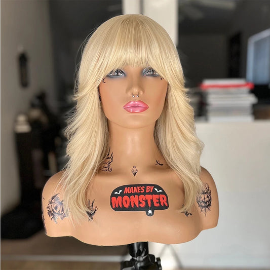 613 Light Blonde Wig with Bangs 100% Indian Virgin Remy Human Hair Lace Bangs Wig 14" 180 Density Ready to Wear Glueless Wig