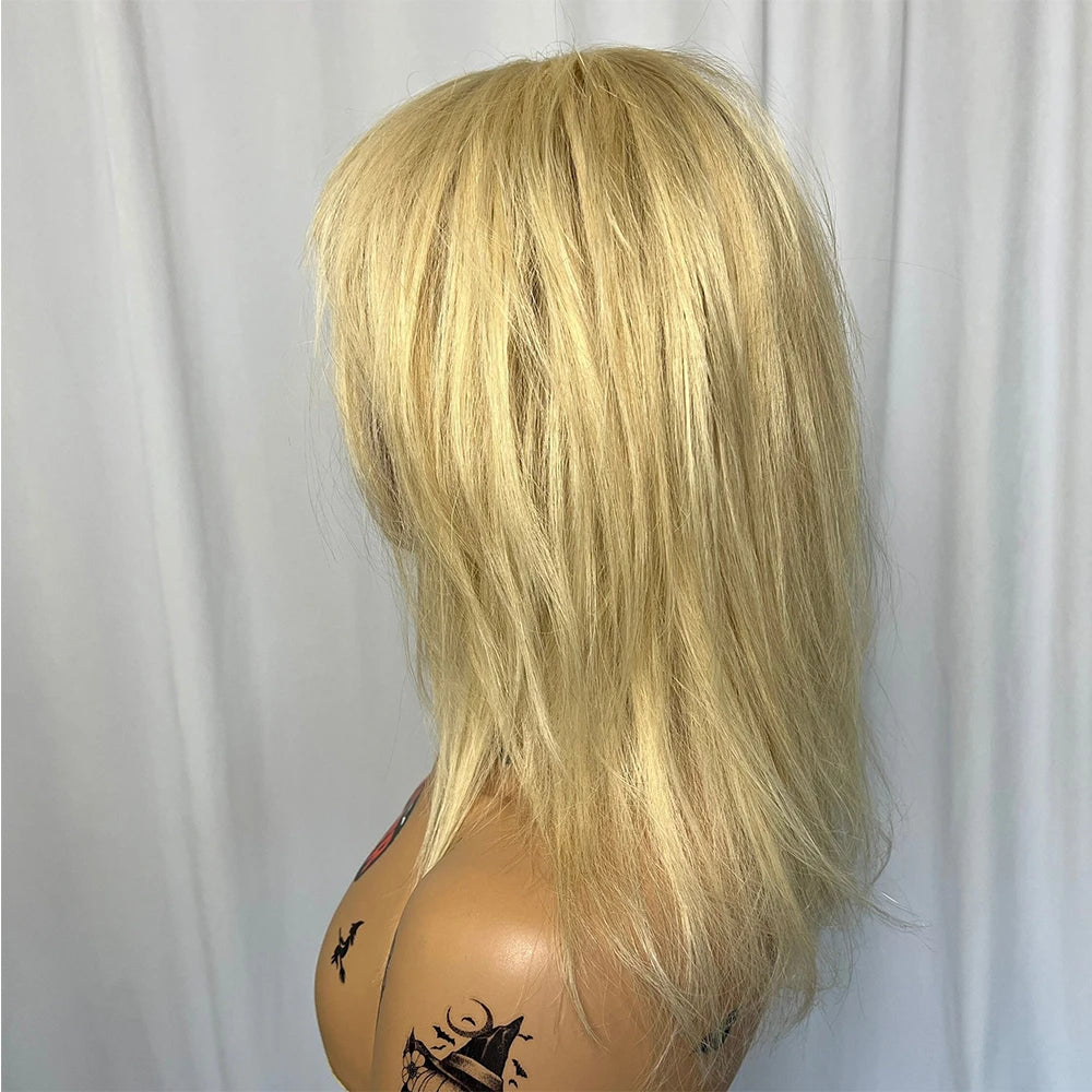 613 Light Blonde Wig with Bangs 100% Indian Virgin Remy Human Hair Lace Bangs Wig 14" 180 Density Ready to Wear Glueless Wig