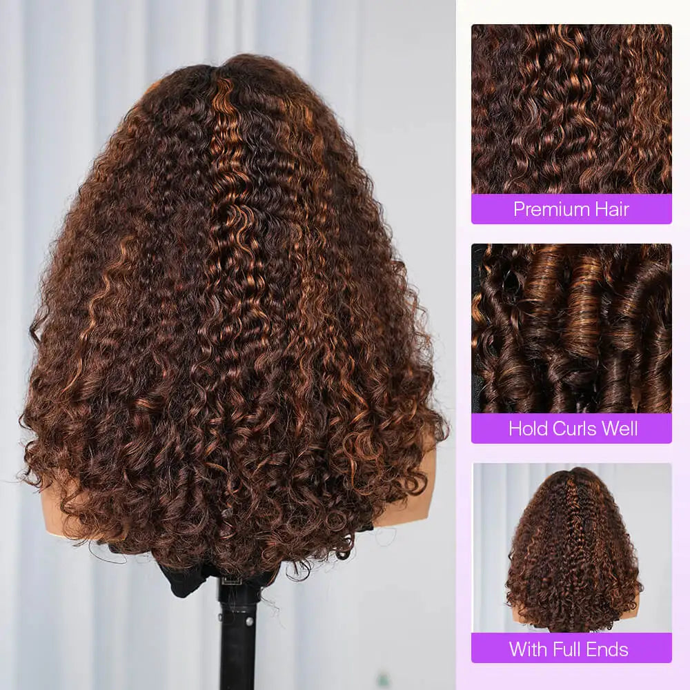 250% Put On Go Dark Brown Highlight Glueless Wigs 13x6 HD Lace Front Wigs Wear And Go Deep Curly Human Hair Wigs 13x6x1 T Part