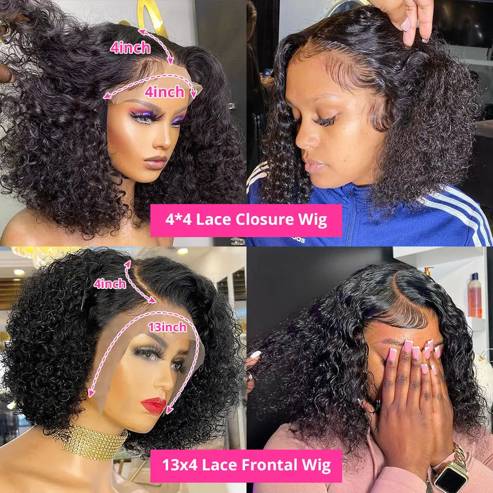 200% Density Curly Short Bob Wig Deep Wave Human Hair Bob Wigs 13x4 Lace Frontal  4x4 Lace Closure Wig Deep Curly Short Bob Wigs