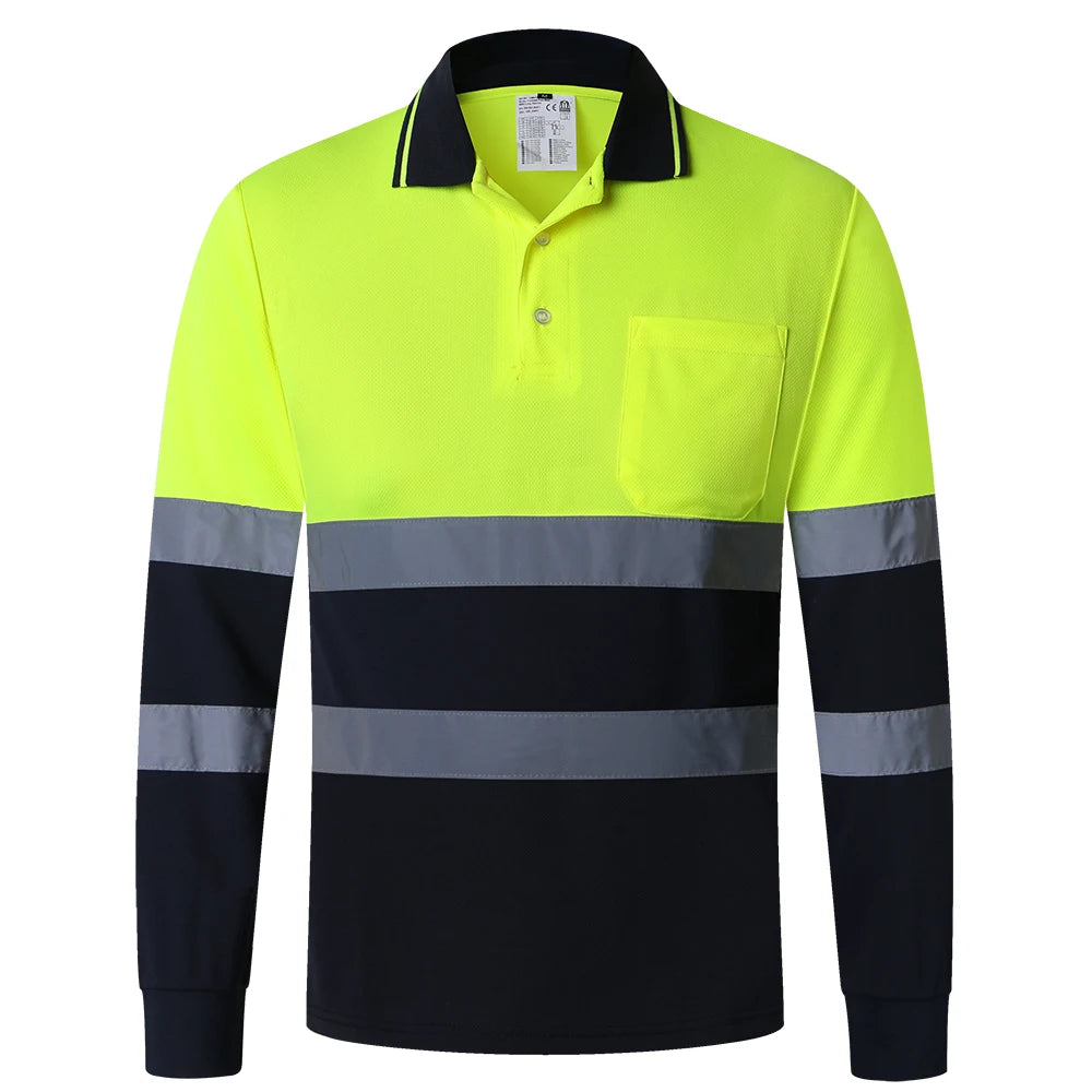 Two Tone Long Sleeve Work Polo Shirt Orange  Yellow Navy Workwear Shirt With Pockets Hi vis work shirt