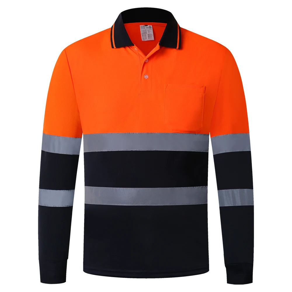 Two Tone Long Sleeve Work Polo Shirt Orange  Yellow Navy Workwear Shirt With Pockets Hi vis work shirt