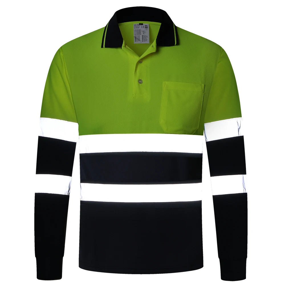 Two Tone Long Sleeve Work Polo Shirt Orange  Yellow Navy Workwear Shirt With Pockets Hi vis work shirt