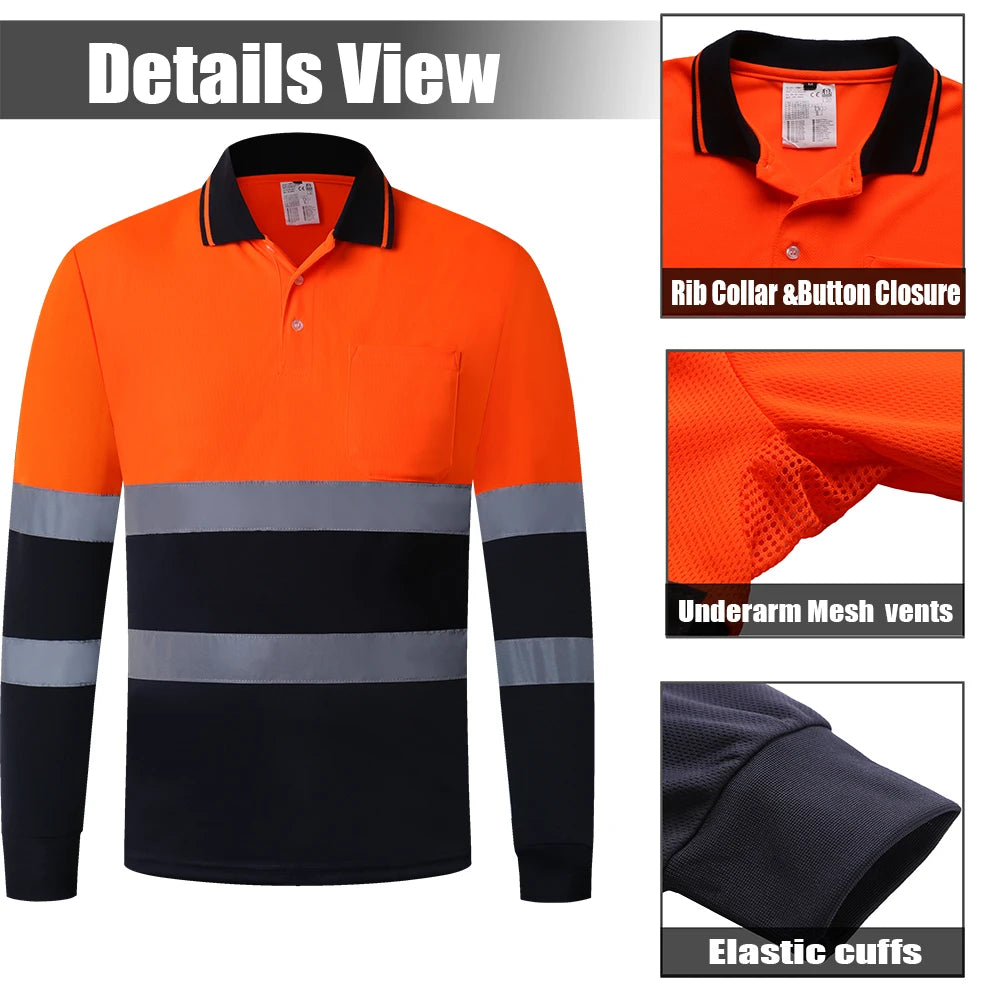 Two Tone Long Sleeve Work Polo Shirt Orange  Yellow Navy Workwear Shirt With Pockets Hi vis work shirt