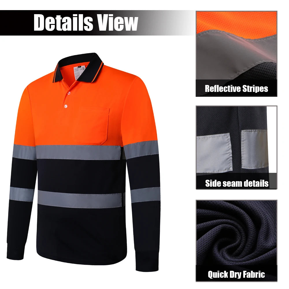 Two Tone Long Sleeve Work Polo Shirt Orange  Yellow Navy Workwear Shirt With Pockets Hi vis work shirt