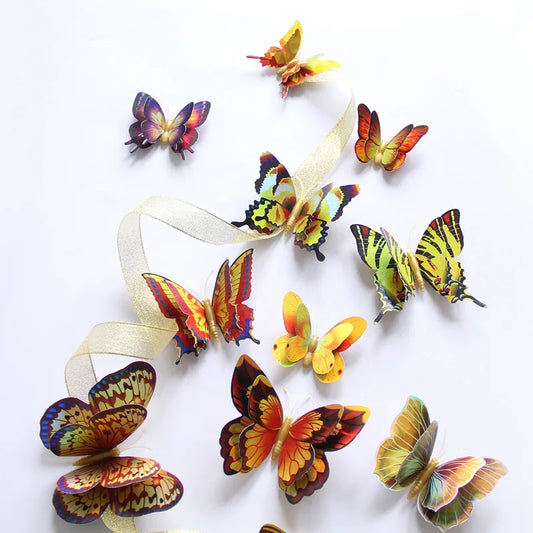 New 12Pcs Double Layer 3D Butterfly Wall Stickers Room Garden Home Decoration Butterflies Magnet Fridge For Wedding Decor Decals