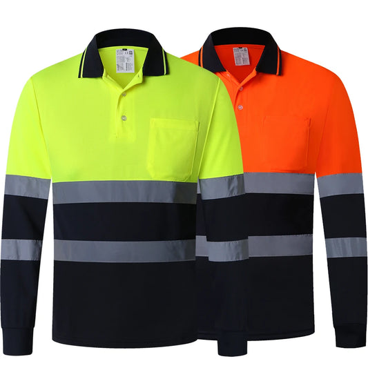 Two Tone Long Sleeve Work Polo Shirt Orange  Yellow Navy Workwear Shirt With Pockets Hi vis work shirt