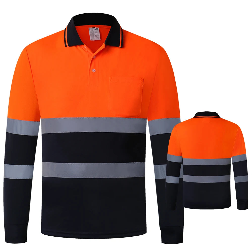 Two Tone Long Sleeve Work Polo Shirt Orange  Yellow Navy Workwear Shirt With Pockets Hi vis work shirt