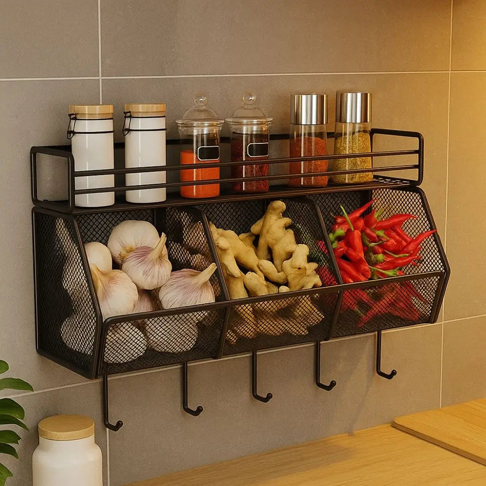 Wall Mounted Kitchen Storage Basket Punch-Free Grid Spice Storage Shelf Carbon Steel Onion Ginger Garlic Rack