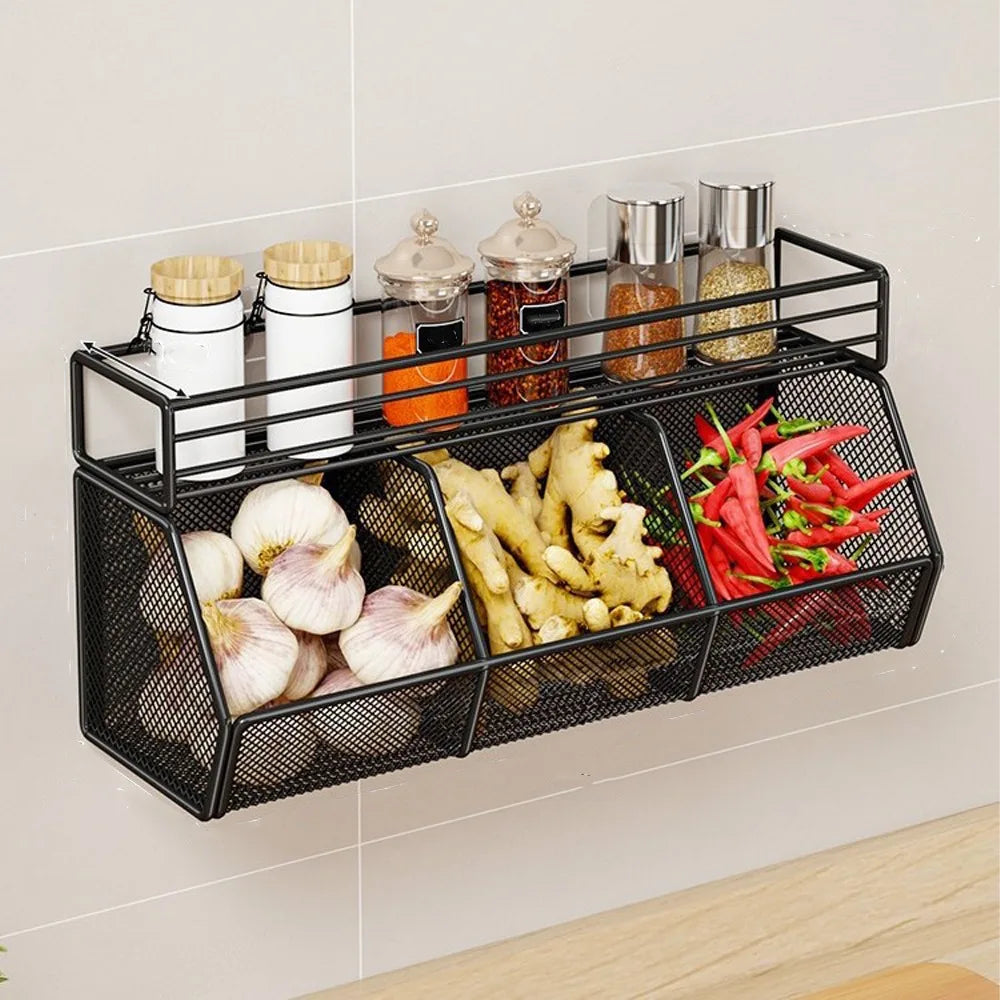 Wall Mounted Kitchen Storage Basket Punch-Free Grid Spice Storage Shelf Carbon Steel Onion Ginger Garlic Rack