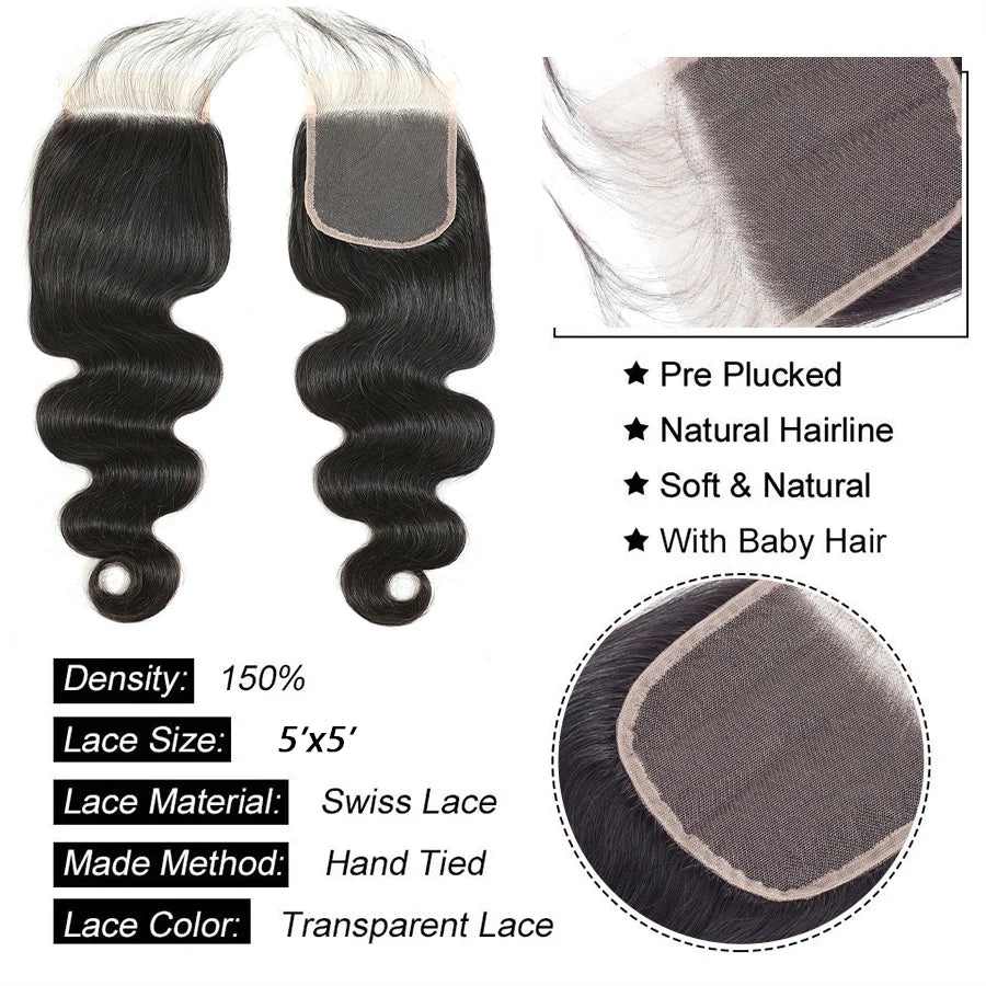 Body Wave 4x4 5x5 2x6 Lace Closure Only Brazilian Human Hair Remy Natural Color Hairline Transparent Lace Closure Pre Plucked