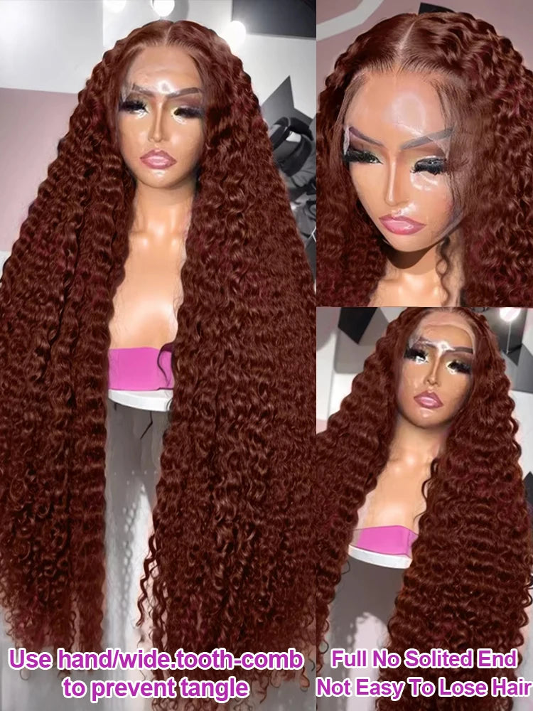 Chocolate Brown Water Curly Wigs 13X6 HD Human Hair Lace Front Wig 40 Inch Colored Deep Wave Frontal Wig For Women 250 Density