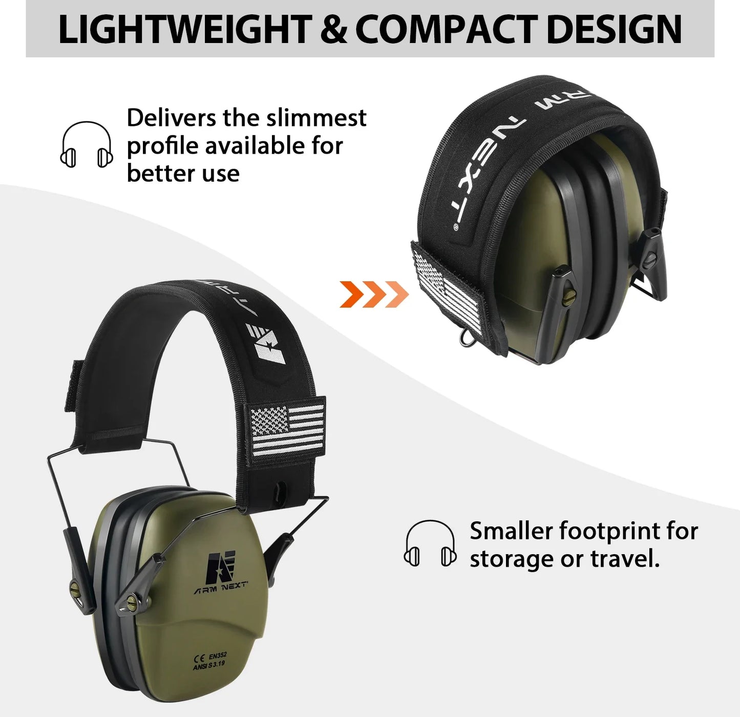 ARM NEXT Safety Earmuffs for Shooting Slim Passive Ear Protection Anti-noise Hearing Protectors Compact Foldable Ear Defenders