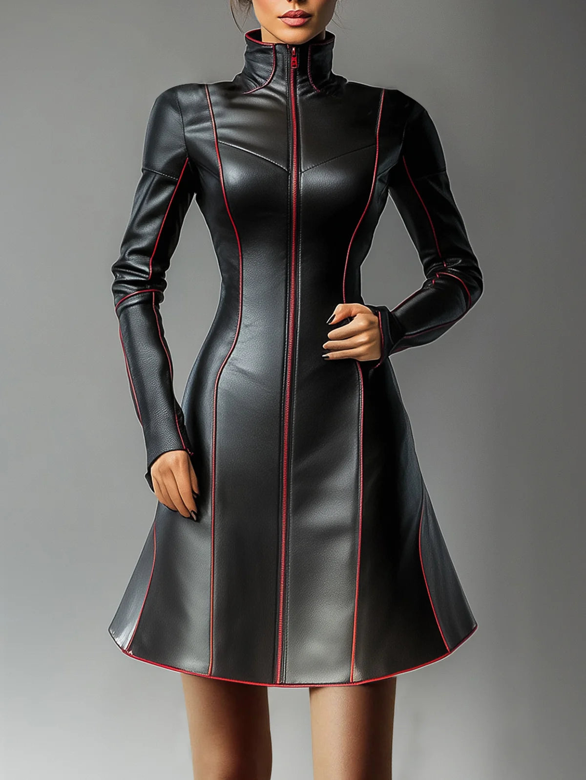 Women's PU Leather Dress A-Line Turtleneck Black Zipper-up Contrast Binding Mini Dress Women Long Sleeve Elegant Leather Dress
