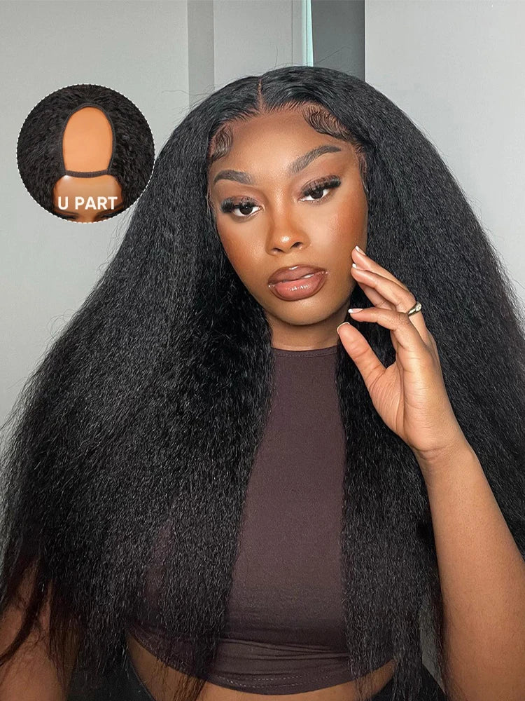 Kinky Straight V Part Wigs Human Hair For Sale No Leave Out No Glue Brazilian Yaki Straight V Part Wigs For Women Virgin Hair