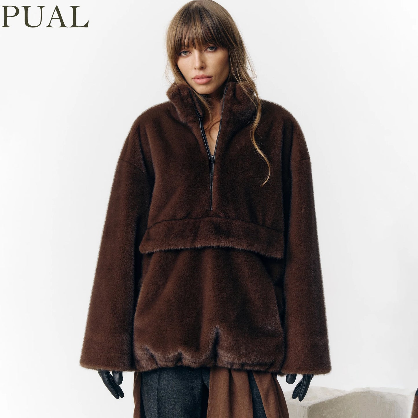Designer Faux Fur Coat, New Winter Style, Warm Pullover Zipper Top Simple Stylish And Elegant