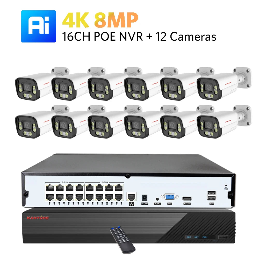 KANTURE 16CH 4K Ai Human Detection 8MP Outdoor Security Camera System Two-Way Audio Color Night Vision Video Surveillance Kit