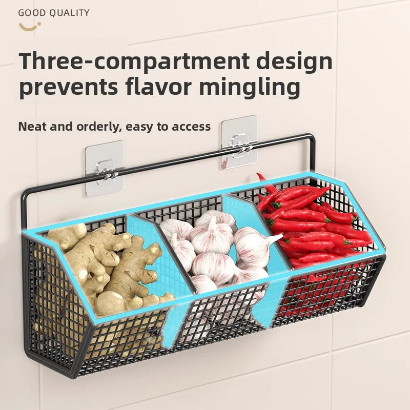 Wall-Mounted Green Onion Ginger Garlic Storage Rack Punch-Free Kitchen Multi-Functional Basket Organizer for Spices And Herbs