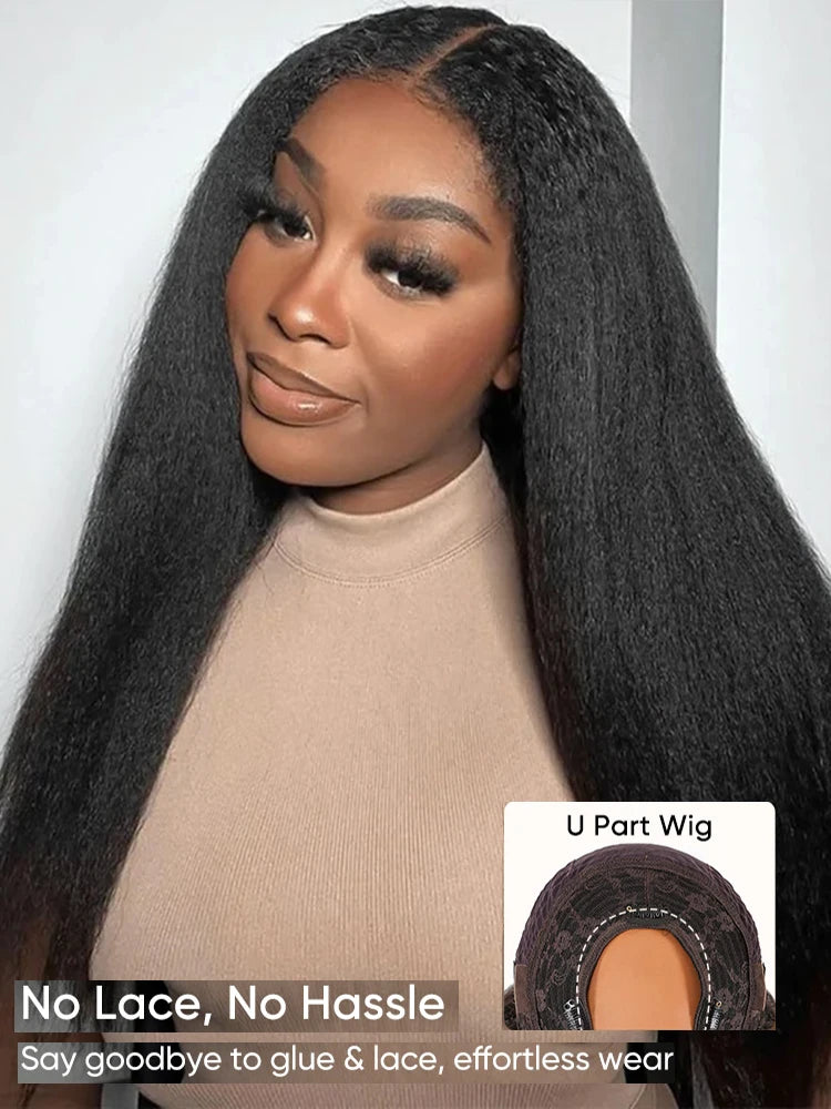 Kinky Straight V Part Wigs Human Hair For Sale No Leave Out No Glue Brazilian Yaki Straight V Part Wigs For Women Virgin Hair