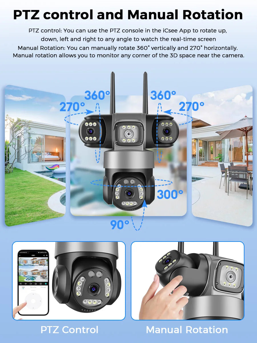ICsee Wireless PTZ IP Camera 8K 15MP 3-Lens 3-Screen 9MP 4K 2-Way Audio WiFi Outdoor CCTV Security Surveillance Cam