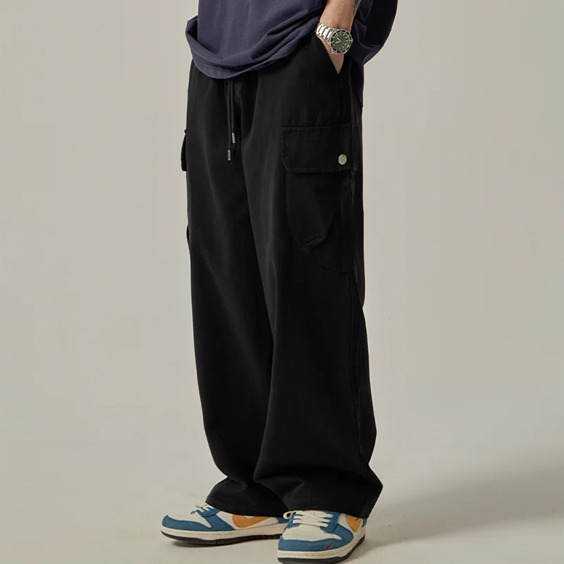 Men's Sweatpants Spring Autumn Vintage Japanese Wide Leg Straight Loose Button Big Pockets Cargo Pants Drawstring Trousers