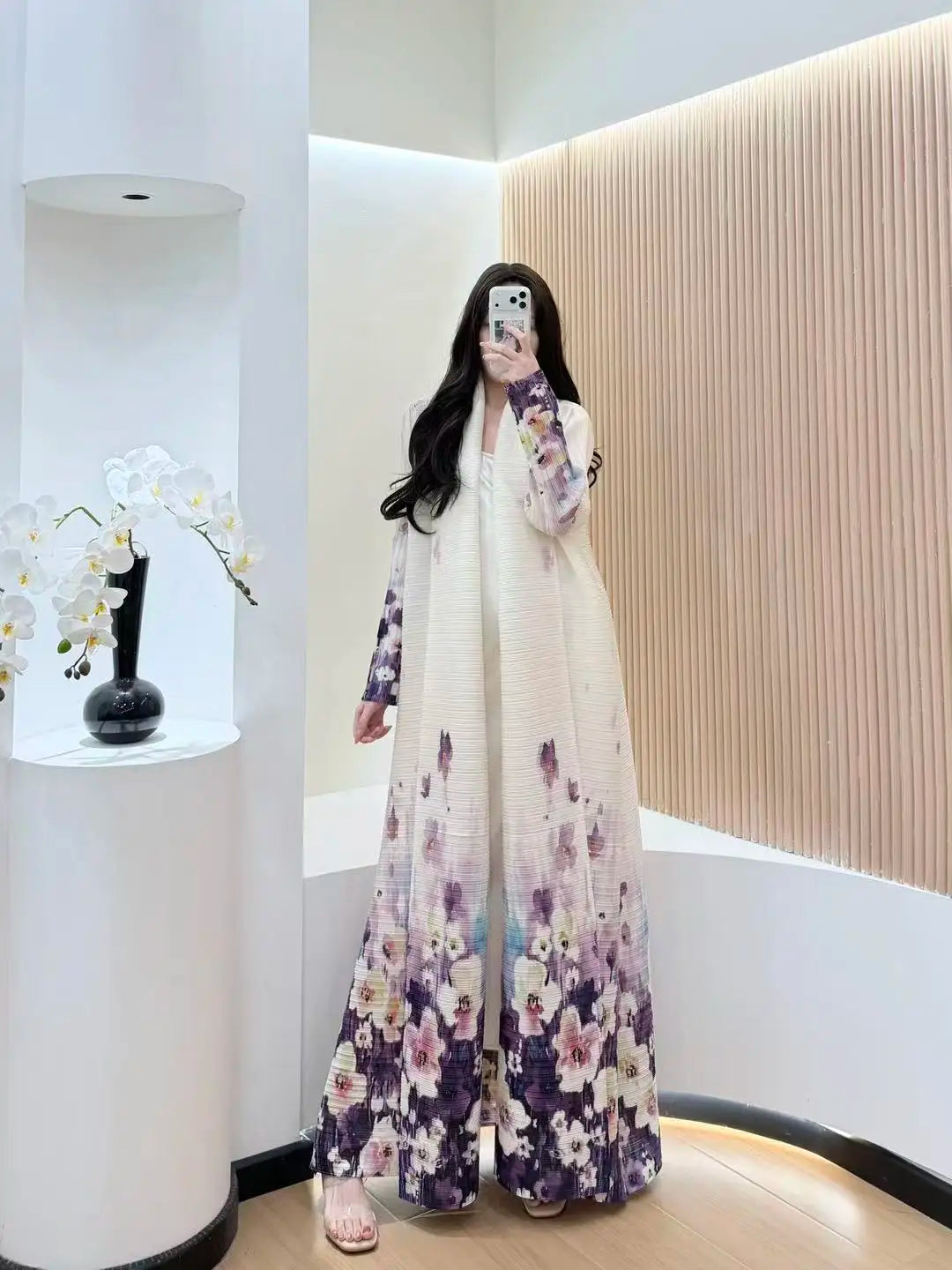 KAF Pleated Women Trench Coat Vintage Printed Cardigan Design Loose Plus Size Women Long Dress Dubai Female Luxury Abaya