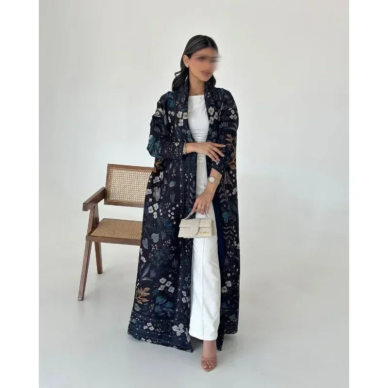 KAF Pleated Women Trench Coat Vintage Printed Cardigan Design Loose Plus Size Women Long Dress Dubai Female Luxury Abaya