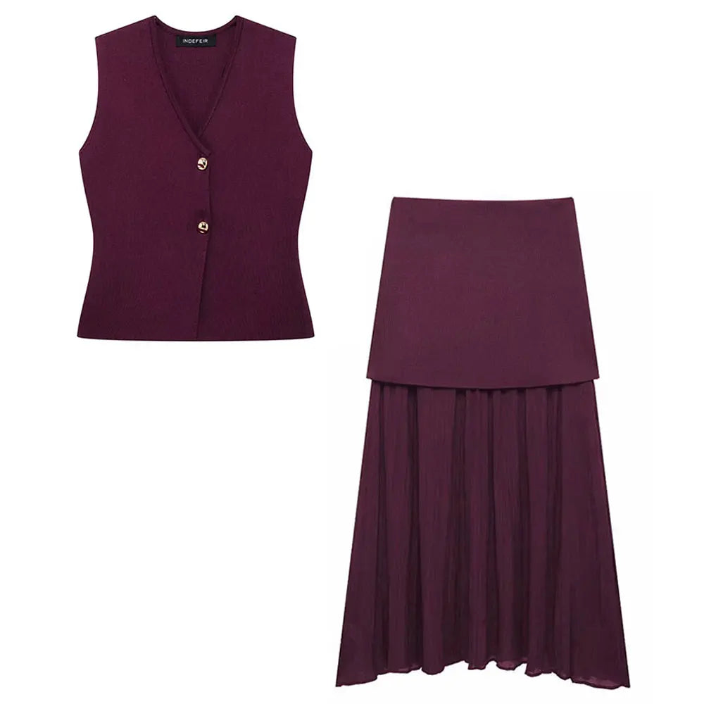 HH Women Skirt Set Wine Red Knitted V-Neck Sleeveless Slim Vest +Solid High Waist Zipper Patchwork Long Skirt Street