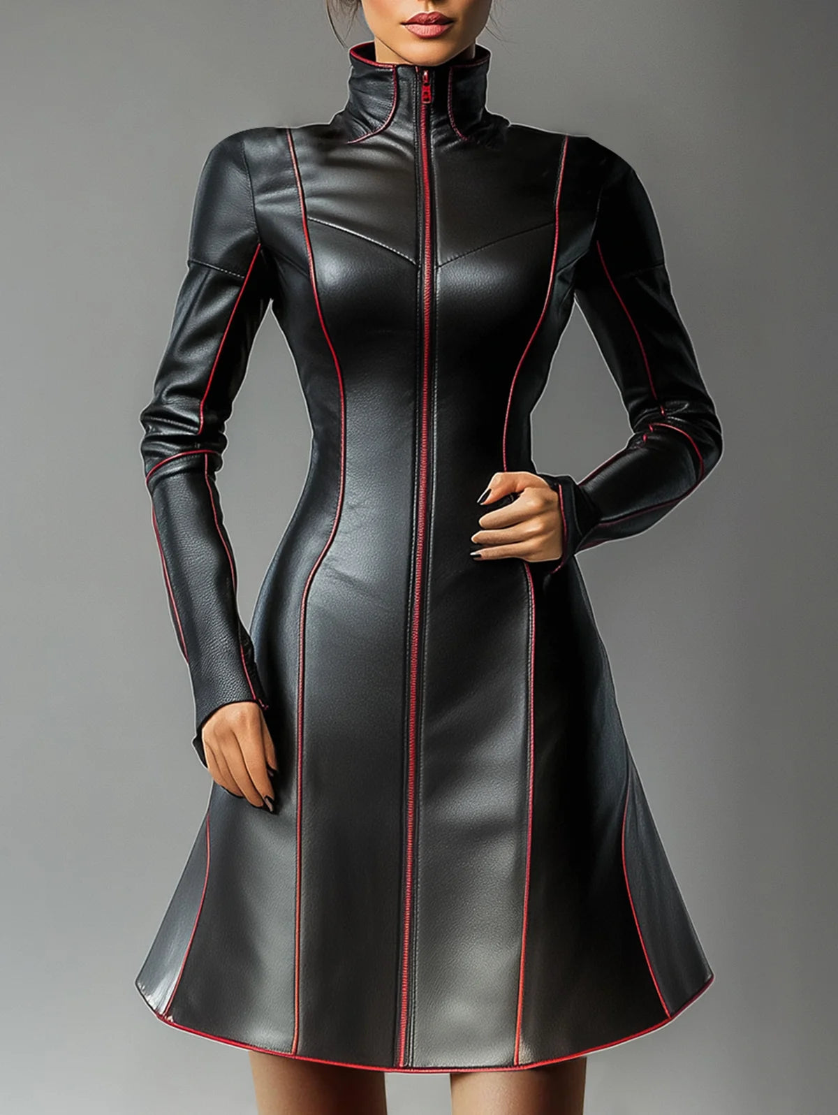 Women's PU Leather Dress A-Line Turtleneck Black Zipper-up Contrast Binding Mini Dress Women Long Sleeve Elegant Leather Dress