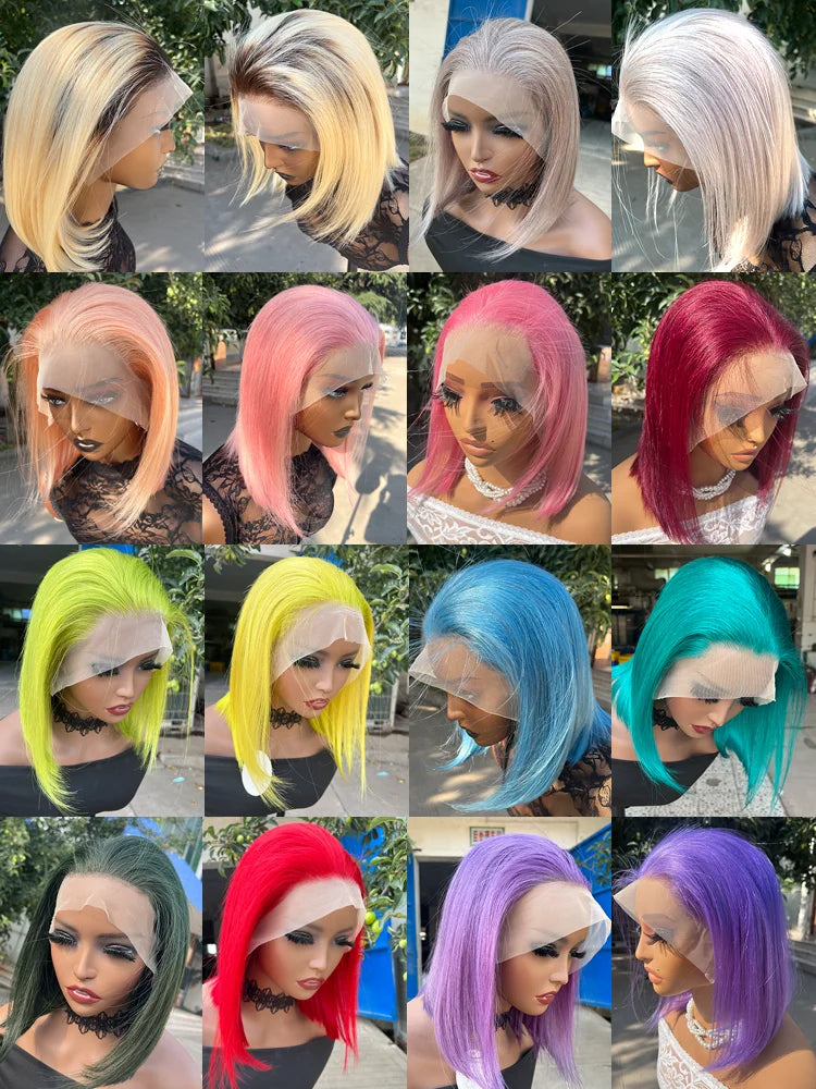 Lime Green Bob Lace Front Wigs Human Hair Wigs Green Wig Short Bob Wigs Straight 13X4 Colored Lace Frontal Wigs Rose Neon