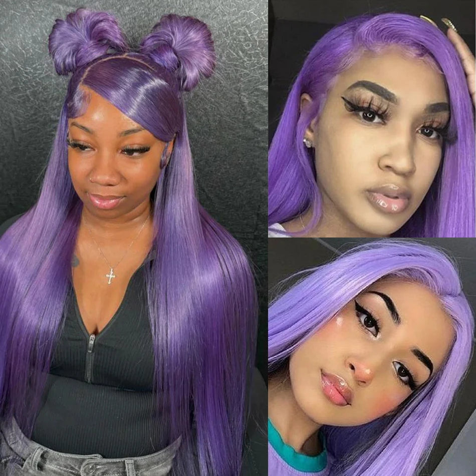 Purple Color Straight Human Hair Wig HD Transparent Glueless PrePlucked Lace Front Wig Lavender Violet Purple Human Hair Wigs