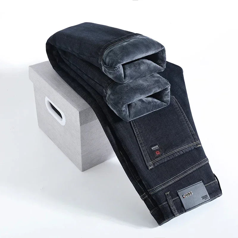 High Quality Winter Jeans New Casual Straight Tube with Fleece Thickening Loose Outside Warm Long Pants Streetwear Men