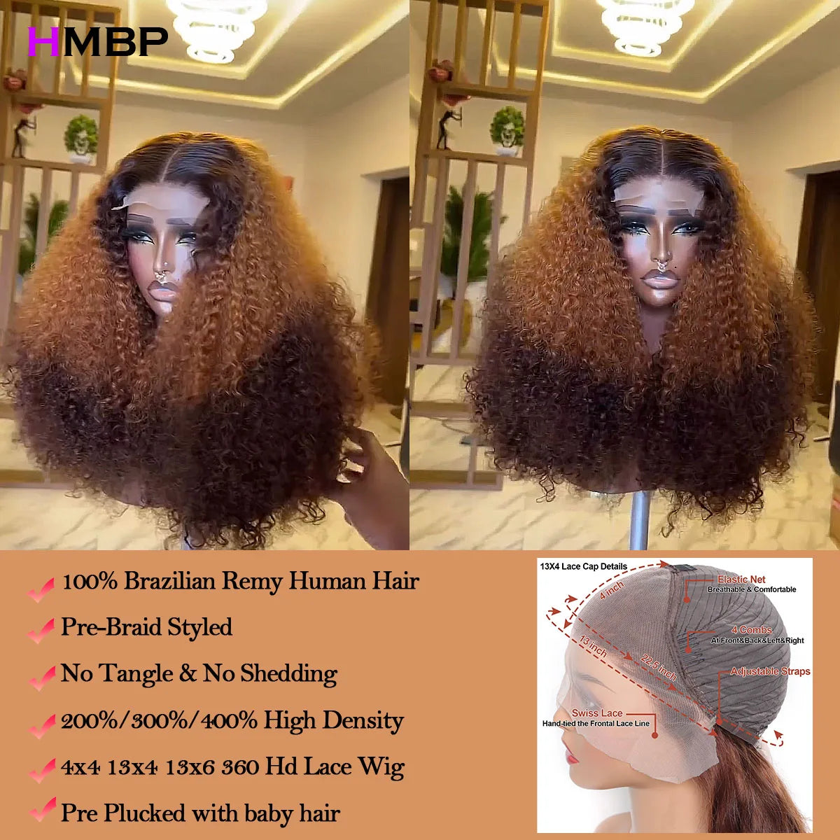 Highlight Glueless Wigs Human Hair Kinky Curly 450 Density Ombre 13x6 Lace Frontal Wig Human Hair Wear Go Preplucked Curly Wigs