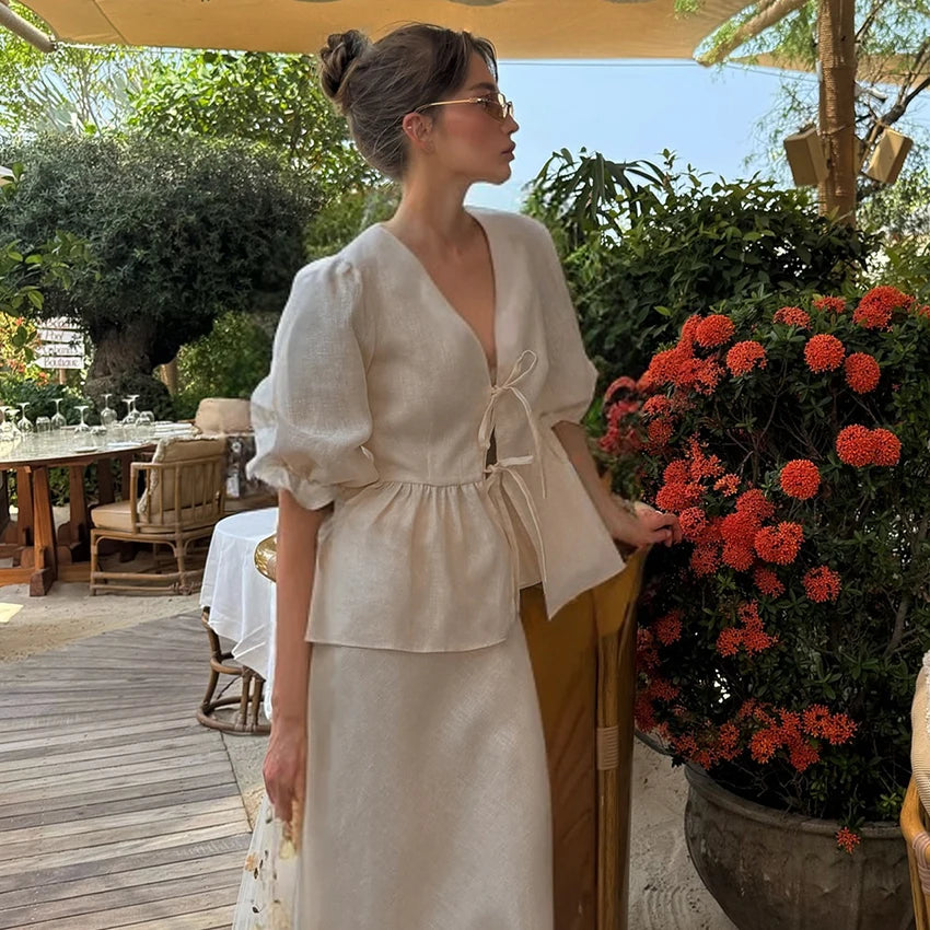 Linad Summer V-Neck Puff Sleeve A-Line Long Skirt 2 Piece Sets Woman Outfit Fashion Folds Khaki Loose Set Pure Cotton Woven Suit