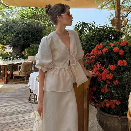 Linad Summer V-Neck Puff Sleeve A-Line Long Skirt 2 Piece Sets Woman Outfit Fashion Folds Khaki Loose Set Pure Cotton Woven Suit