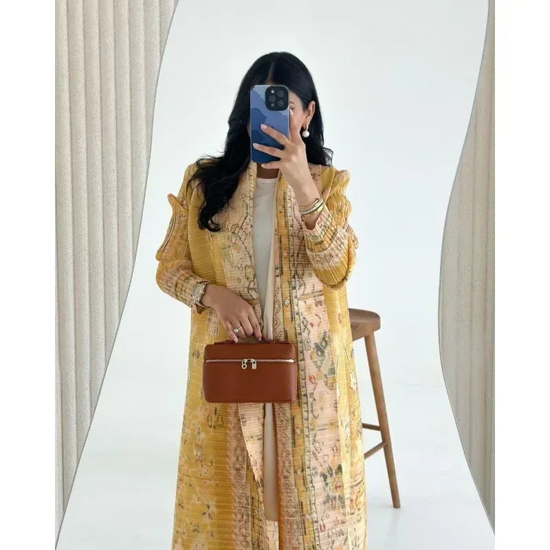 KAF Pleated Women Trench Coat Vintage Printed Cardigan Design Loose Plus Size Women Long Dress Dubai Female Luxury Abaya
