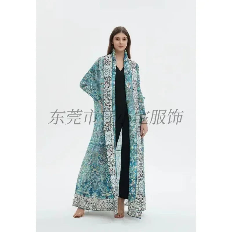 KAF Pleated Women Trench Coat Vintage Printed Cardigan Design Loose Plus Size Women Long Dress Dubai Female Luxury Abaya