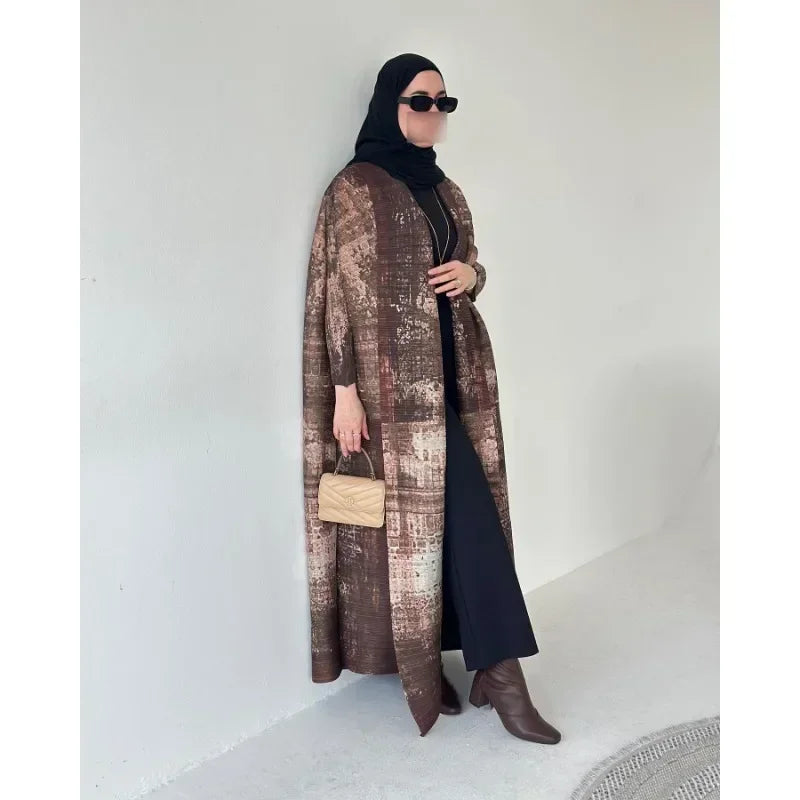 KAF Pleated Women Trench Coat Vintage Printed Cardigan Design Loose Plus Size Women Long Dress Dubai Female Luxury Abaya