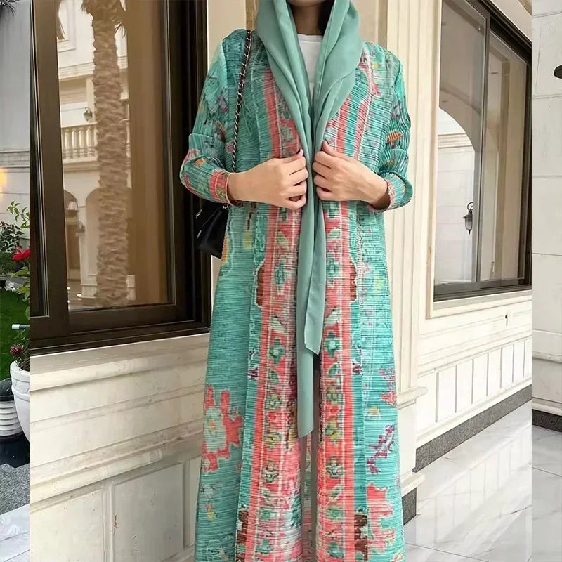 KAF Pleated Women Trench Coat Vintage Printed Cardigan Design Loose Plus Size Women Long Dress Dubai Female Luxury Abaya