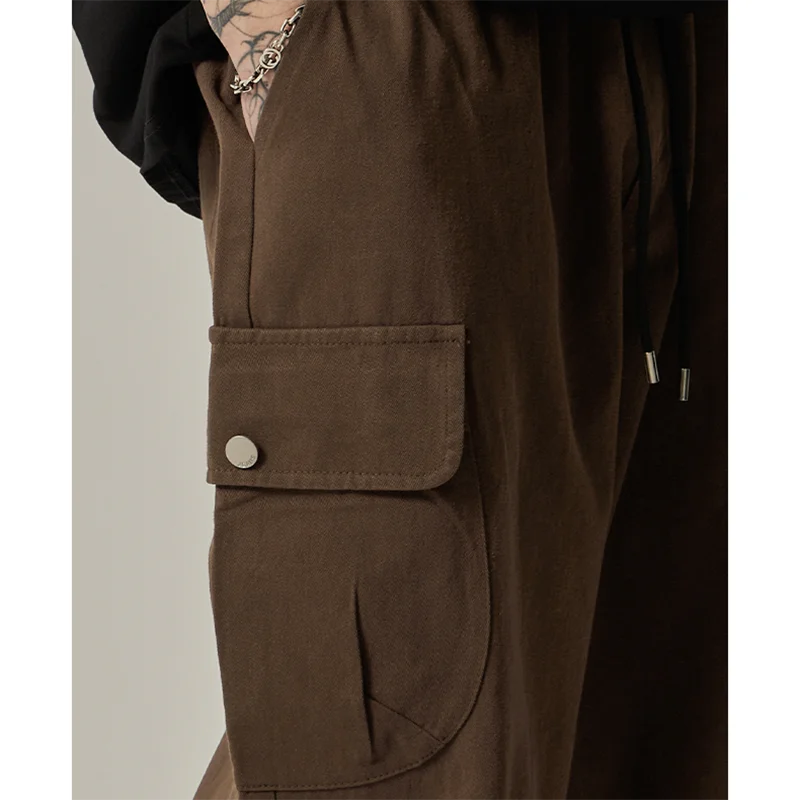 Men's Sweatpants Spring Autumn Vintage Japanese Wide Leg Straight Loose Button Big Pockets Cargo Pants Drawstring Trousers