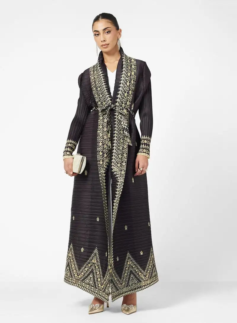KAF Pleated Women Trench Coat Vintage Printed Cardigan Design Loose Plus Size Women Long Dress Dubai Female Luxury Abaya
